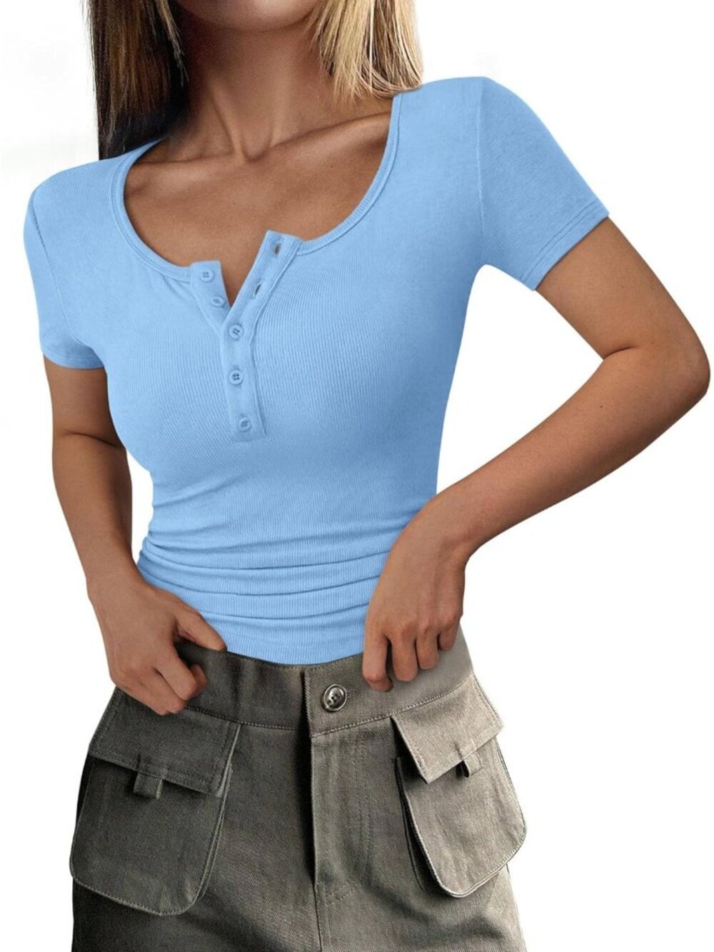 Women's Light Blue Short Sleeve Ribbed Henley Button Slim Fit Casual T Shirts